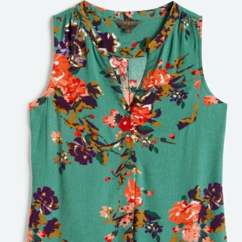 Market & Spruce Green Floral Sleeveless Blouse with Orange & Purple Accents